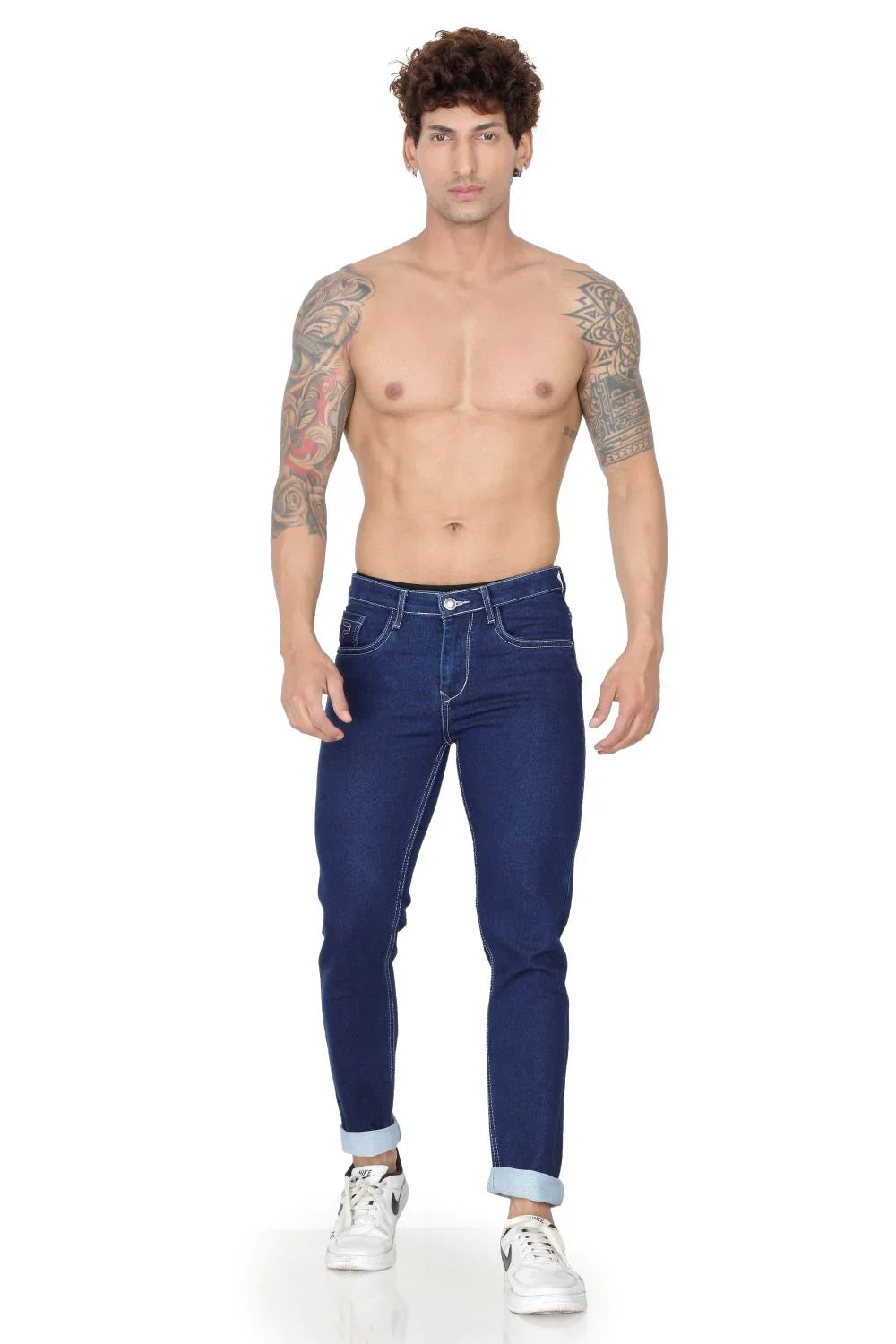 Men's dark blue straight fit jeans with a mid-rise waist and clean look, styled for casual wear.