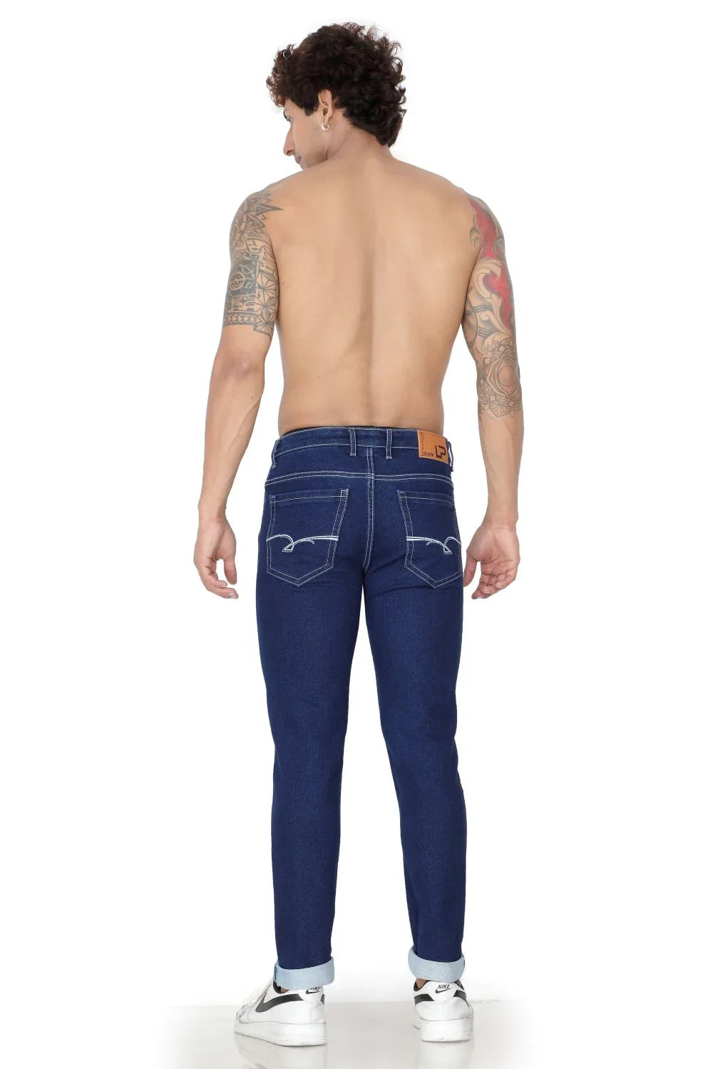 LP Creation Men's Blue Straight Fit Dark Denim Jeans on a white background.