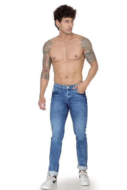 Men's light blue denim jeans with a straight fit, mid-rise waist, and medium fade with whiskers.
