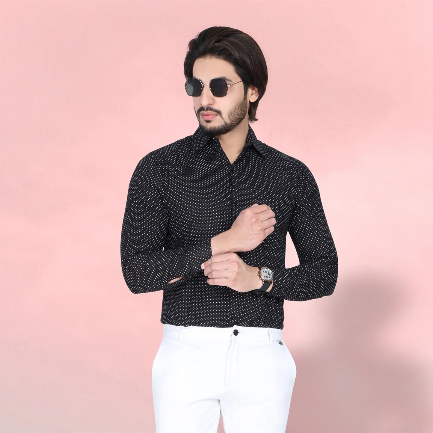 Men’s Easy Iron Regular Fit Polka Dot Black Shirt