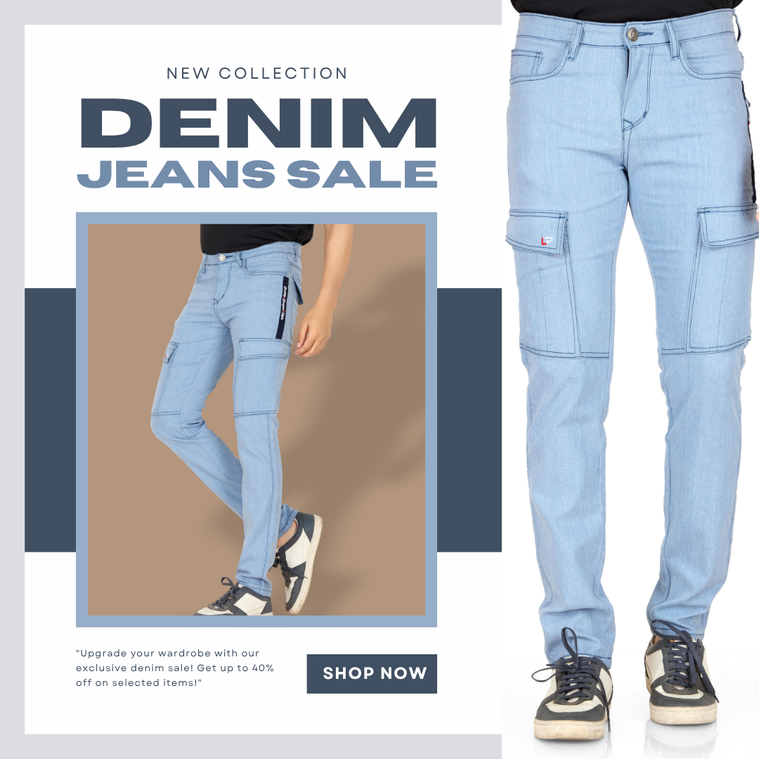 Men’s SKY BLUE Straight Fit Denim Cargo Jeans | Casual Mid-Rise with Six Pockets