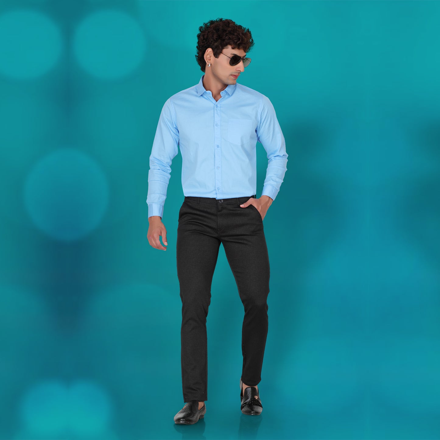 LP Creation Men's Straight Fit Black Trousers worn in a studio setting.