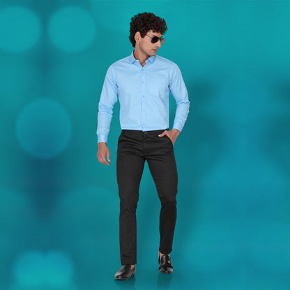 LP Creation Men's Straight Fit Black Trousers worn in a studio setting.