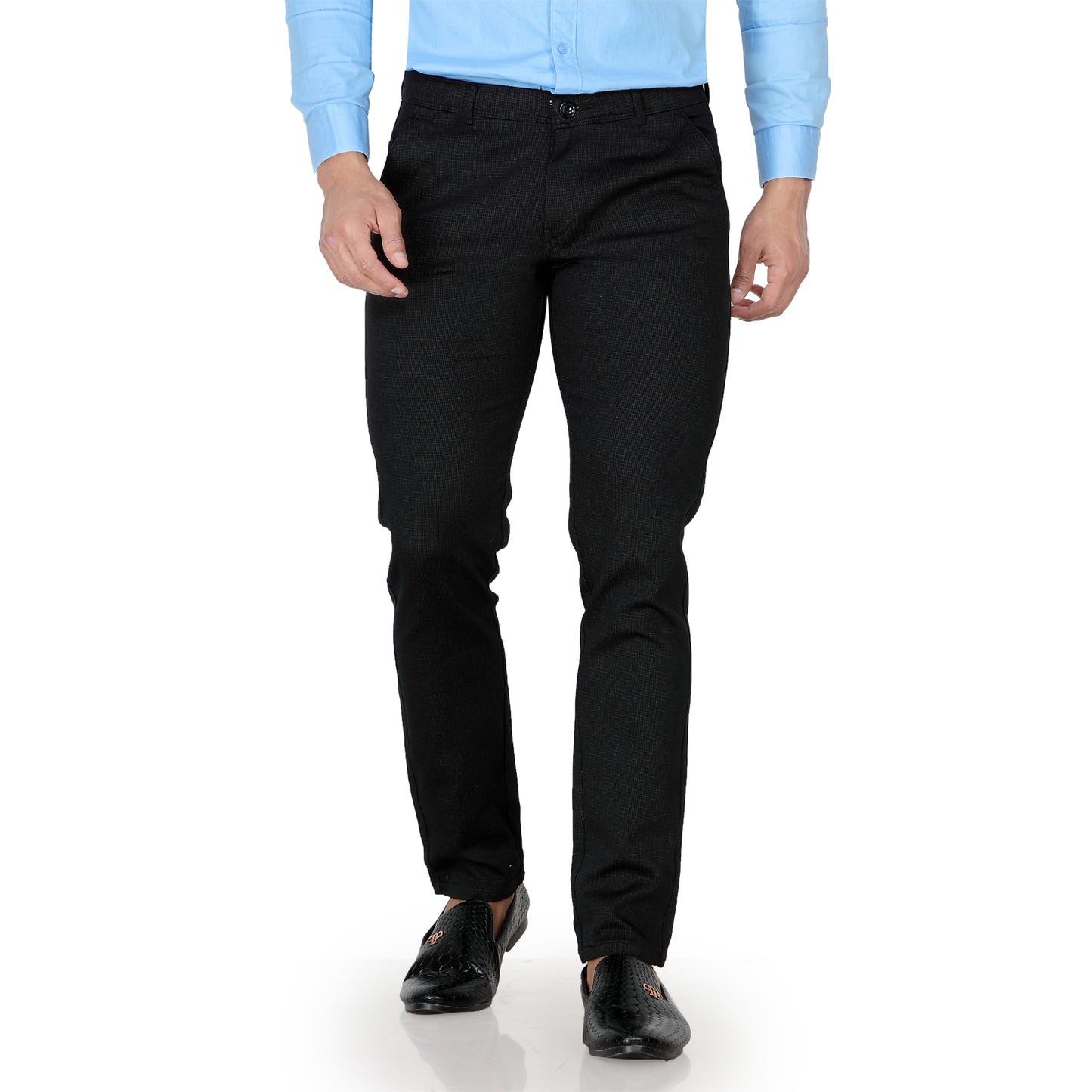 An executive wearing Men's Straight Fit Black Cotton Pants for a day at the office.

