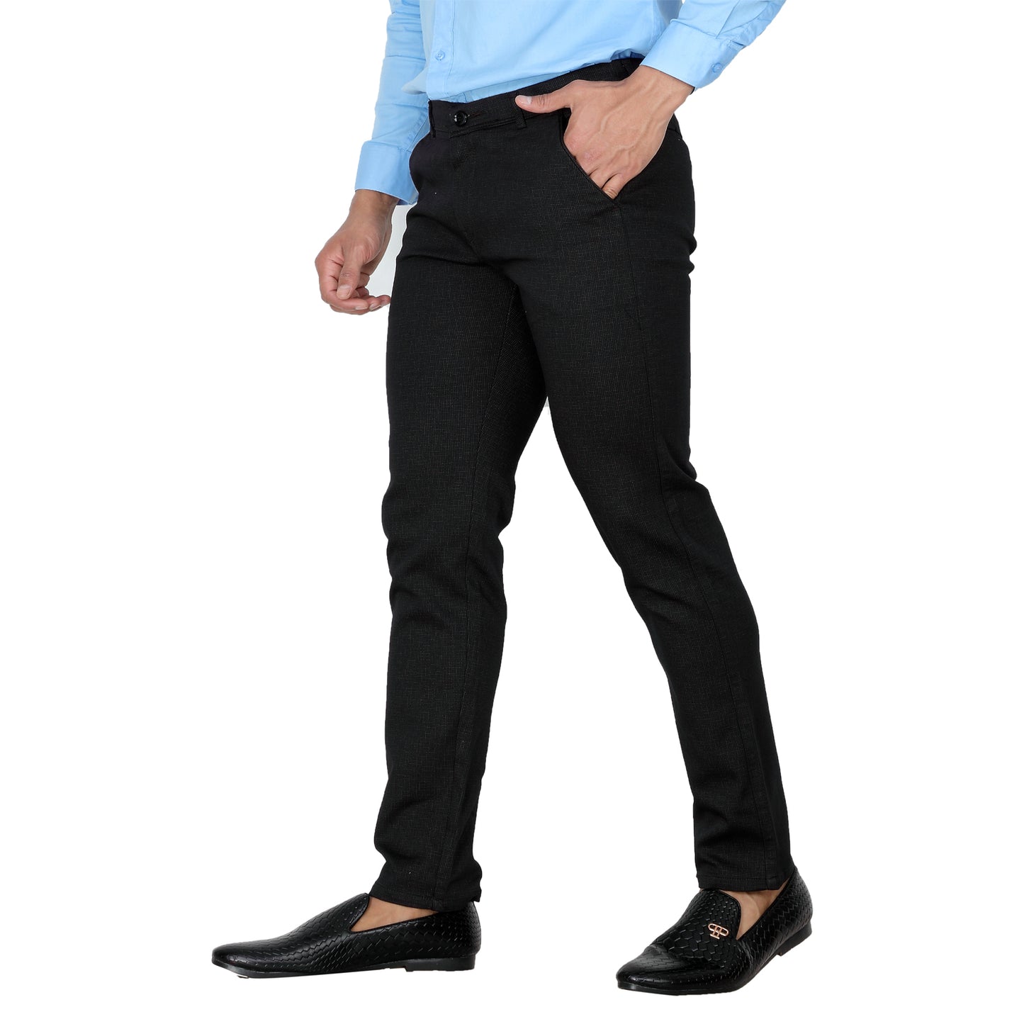 Men's Straight Fit Black Cotton Pants on a model.