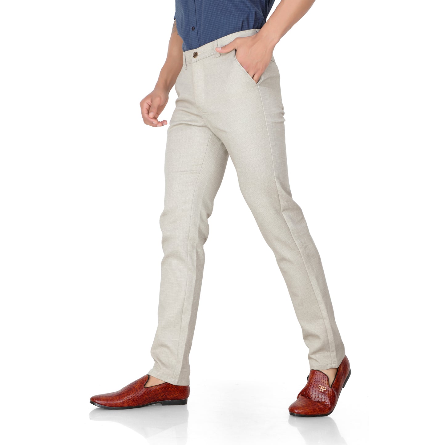 Men's Straight Fit Cream Cotton Pants on a model.