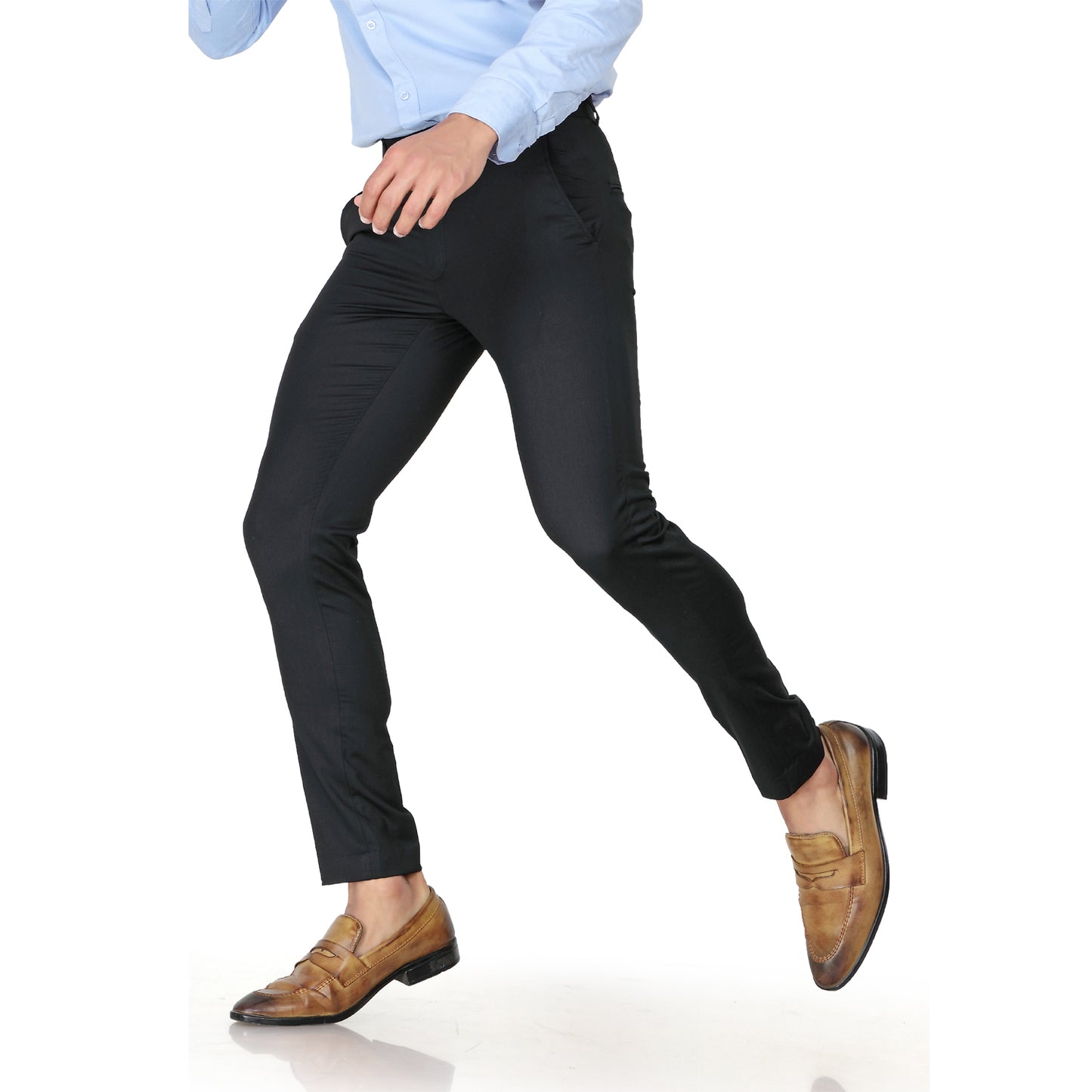 Men's Slim Fit Black Formal Trousers styled on a model in a studio setting. The image shows the plain cotton fabric and a slim silhouette.


