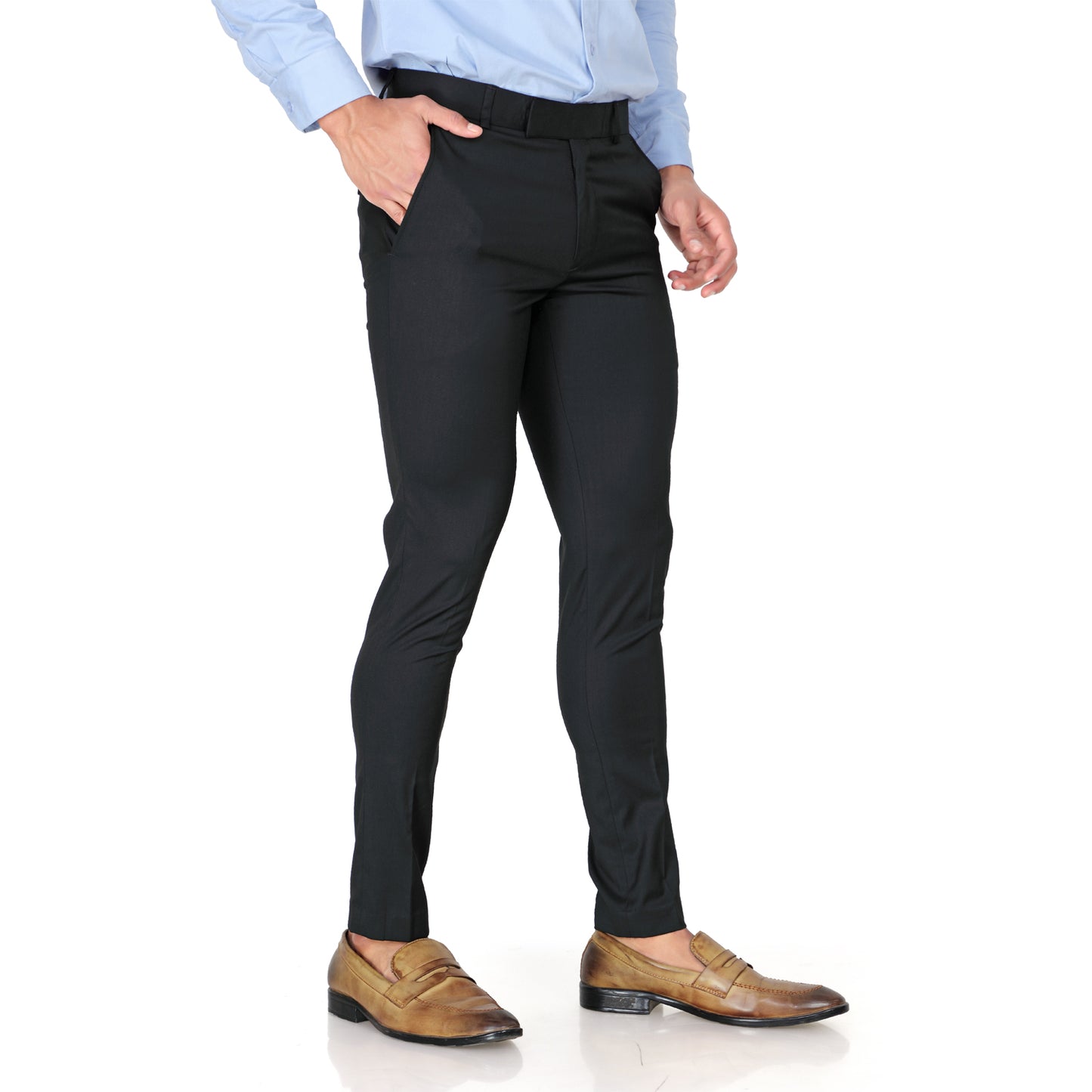 Close-up of the durable black cotton fabric and button closure of the men's formal trousers.