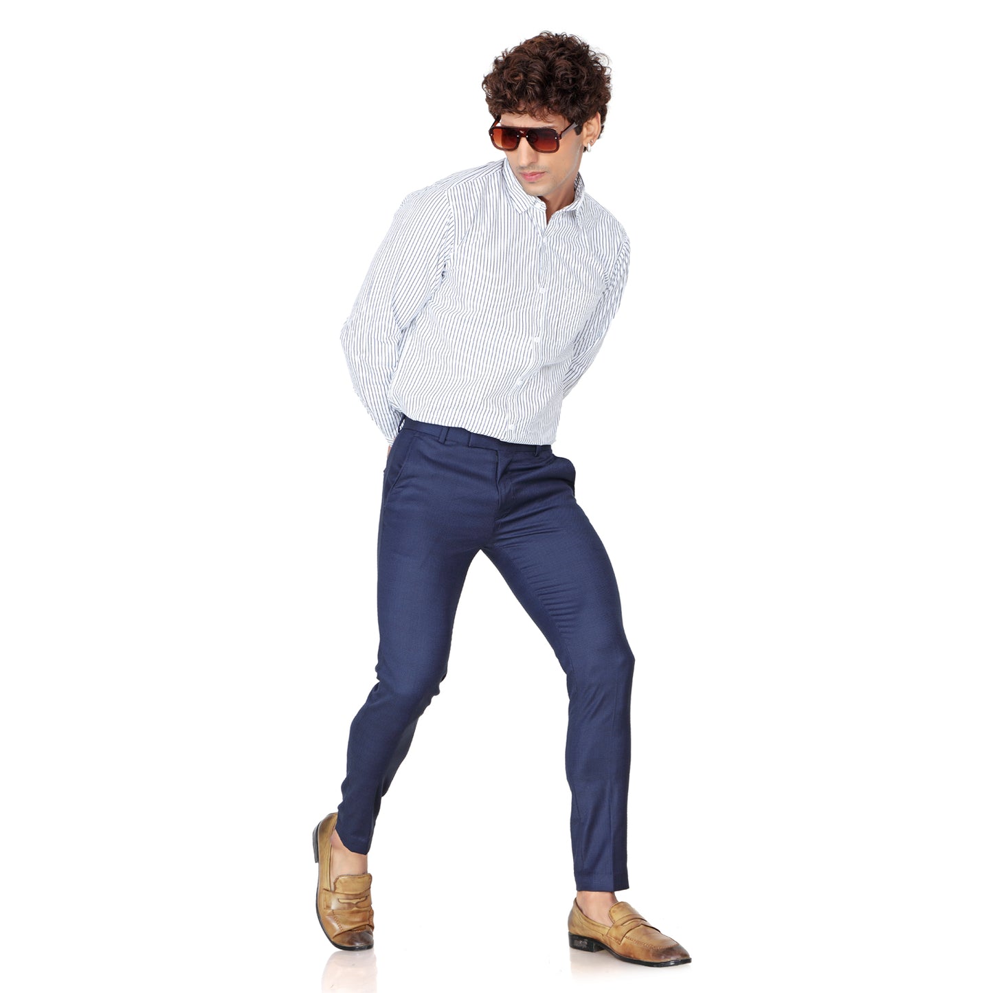 Men's Slim Fit Blue Formal Trouser worn by a model in a studio setting.