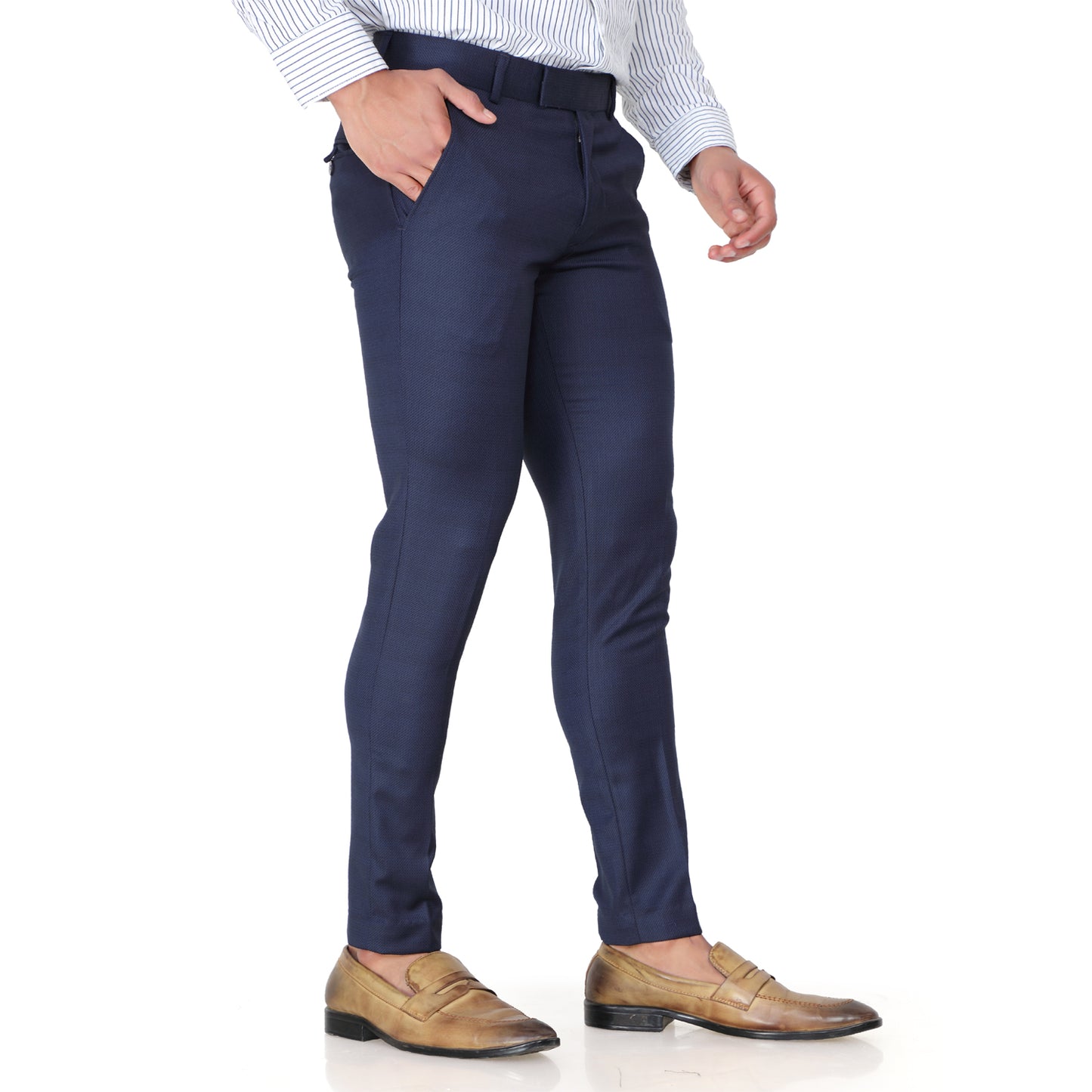 Men's Slim Fit Blue Formal Trouser worn by a model in a studio setting.