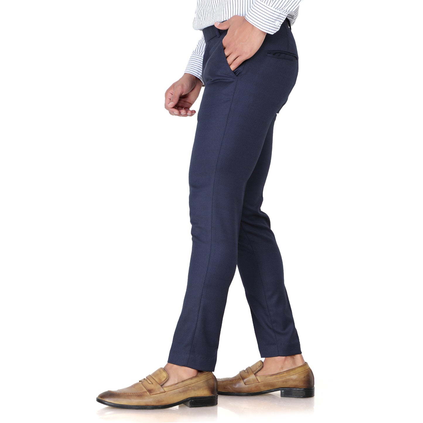 Men's Slim Fit Blue Formal Trouser worn by a model in a studio setting.