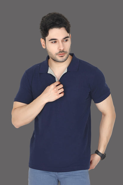 Man wearing a navy blue polo shirt on a white background