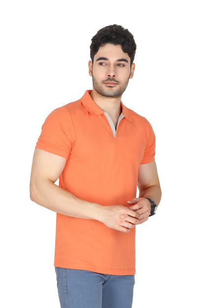 Man wearing an orange polo shirt on a white background