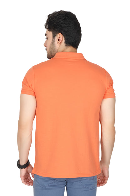 Man wearing an orange polo shirt on a white background