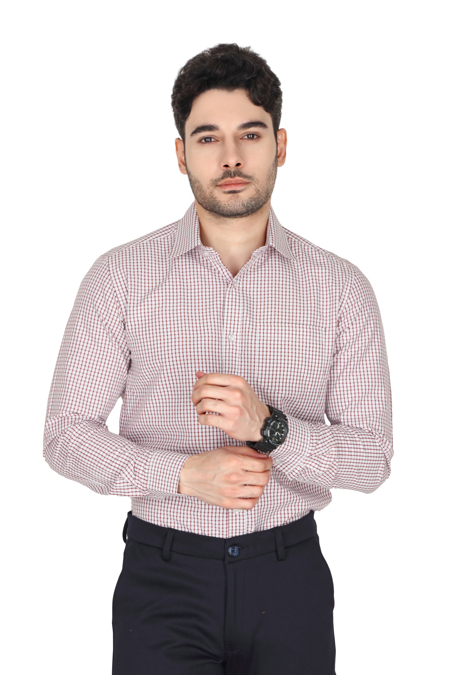 Men's regular fit, long-sleeve formal checked shirt in RED with a spread collar. The shirt is wrinkle-free and easy to iron, suitable for office or casual wear.
