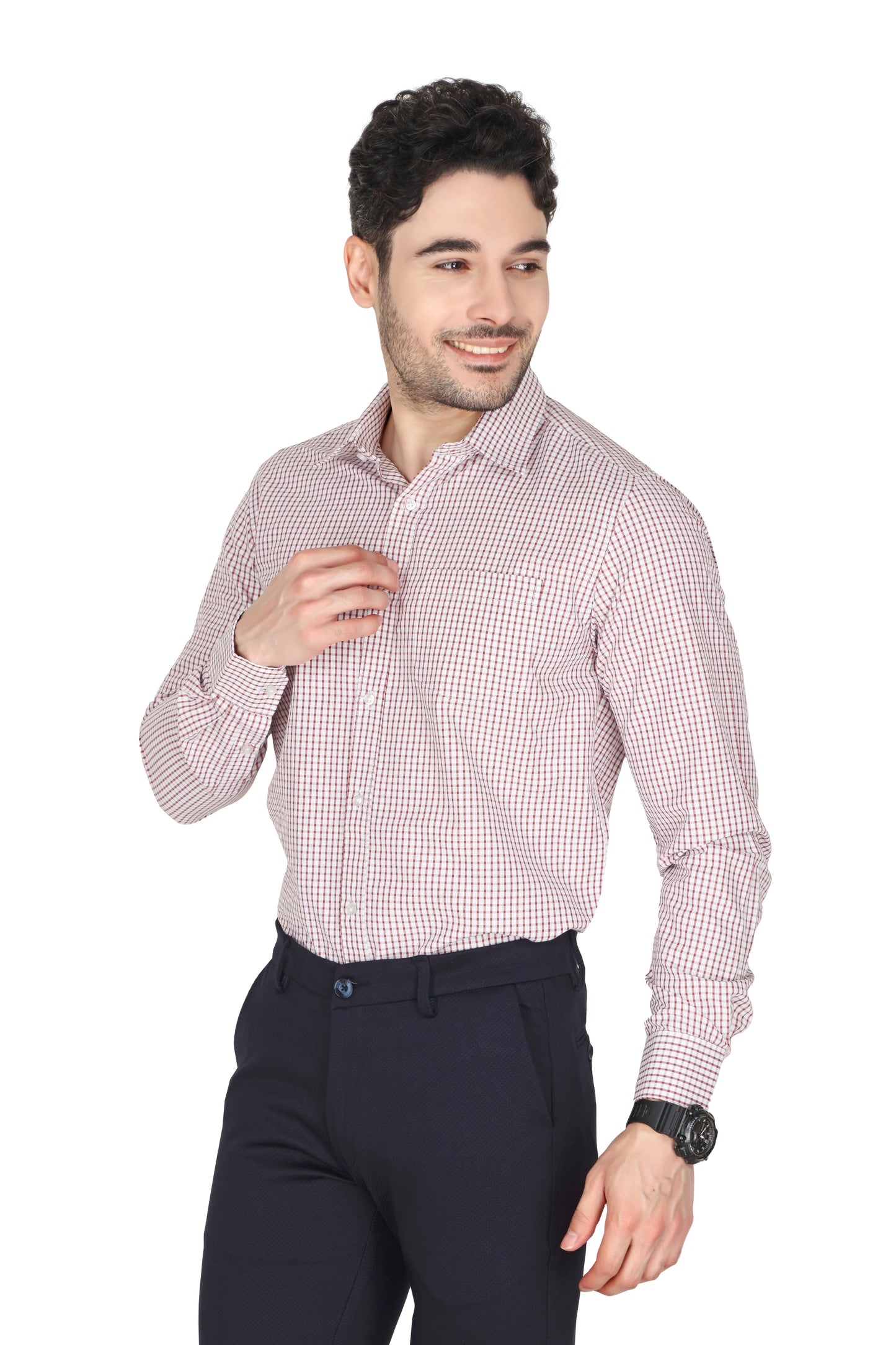 Men's regular fit, long-sleeve formal checked shirt in RED with a spread collar. The shirt is wrinkle-free and easy to iron, suitable for office or casual wear.
