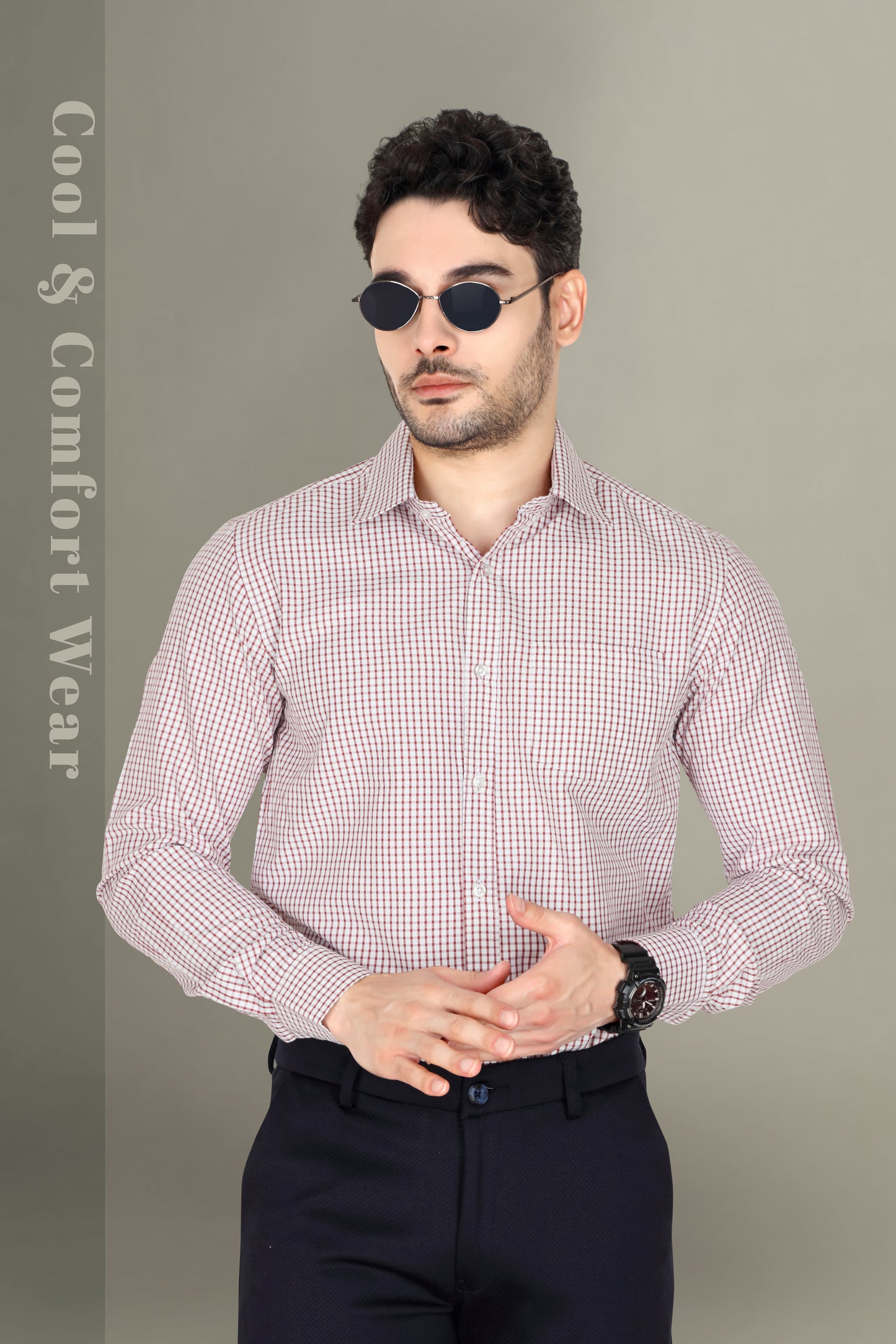 Men's regular fit, long-sleeve formal checked shirt in RED with a spread collar. The shirt is wrinkle-free and easy to iron, suitable for office or casual wear.
