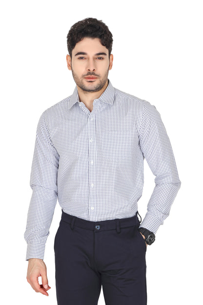 Men's formal checked shirt in a blue and white pattern with a spread collar and long sleeves. The shirt features a regular fit and durable buttons on the front.