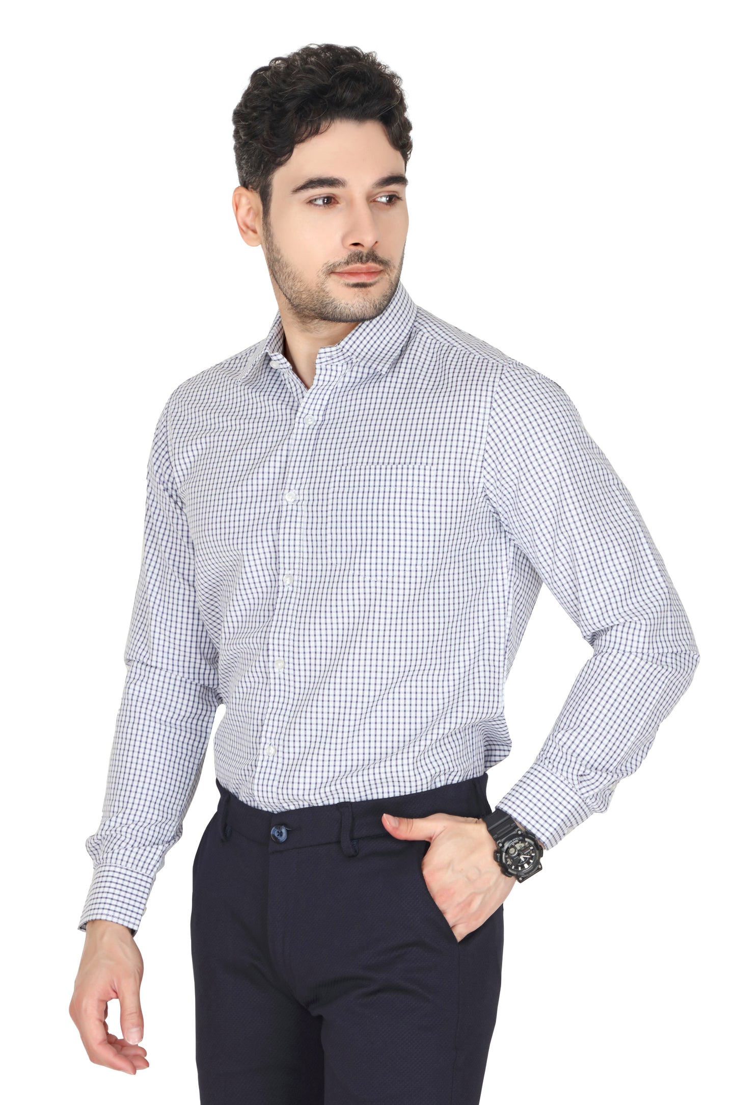 Men's formal checked shirt in a blue and white pattern with a spread collar and long sleeves. The shirt features a regular fit and durable buttons on the front.