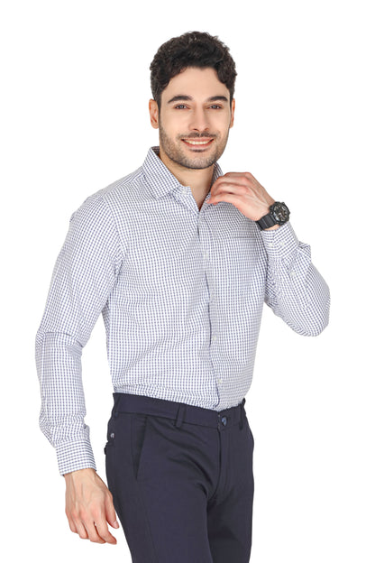 Men's formal checked shirt in a blue and white pattern with a spread collar and long sleeves. The shirt features a regular fit and durable buttons on the front.
