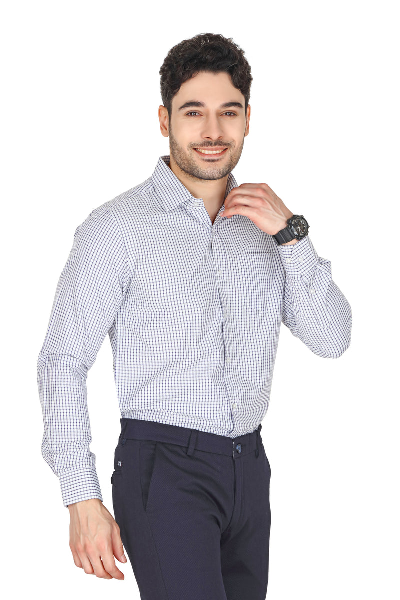 Men's formal checked shirt in a blue and white pattern with a spread collar and long sleeves. The shirt features a regular fit and durable buttons on the front.