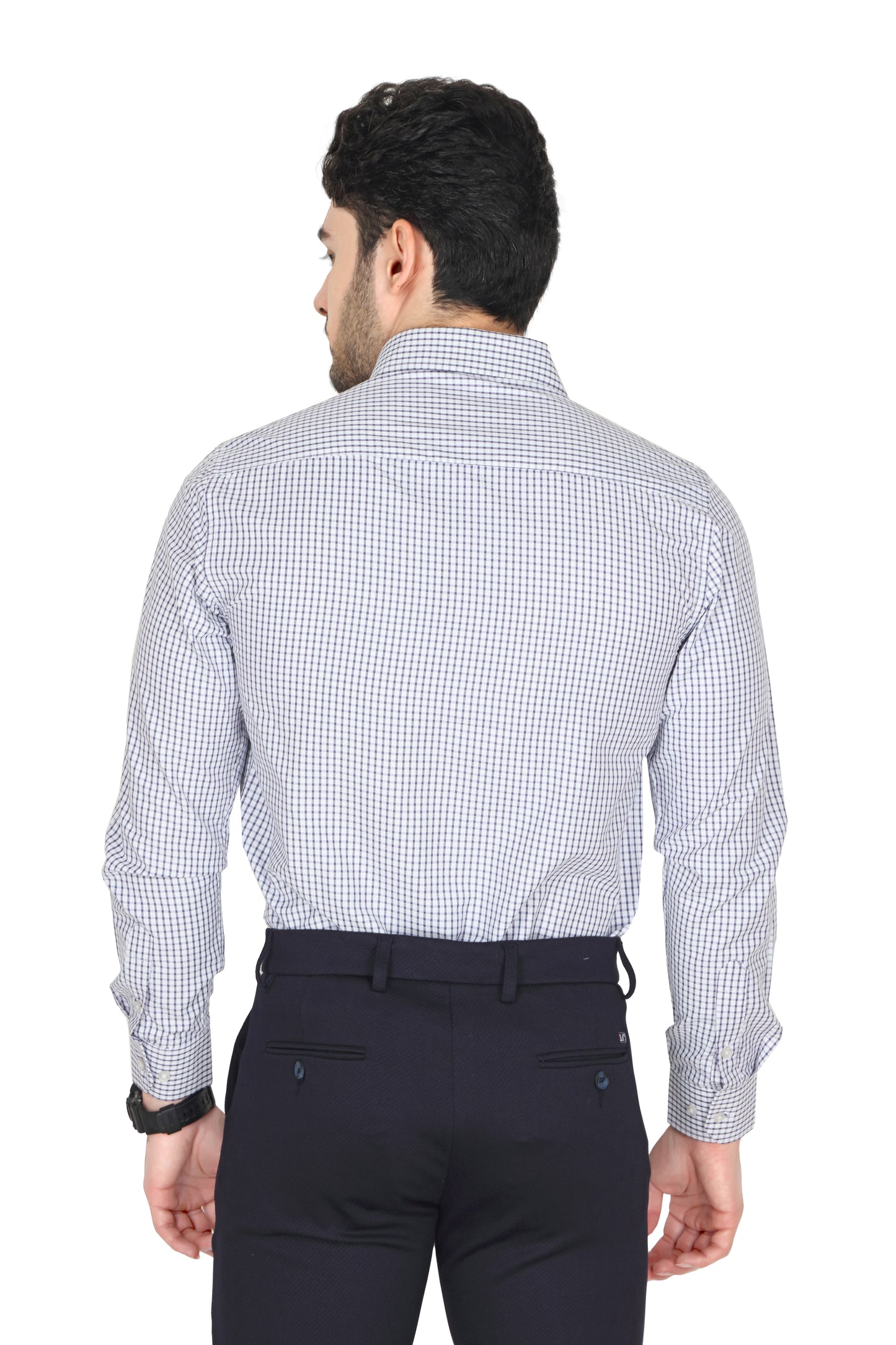 Men's formal checked shirt in a blue and white pattern with a spread collar and long sleeves. The shirt features a regular fit and durable buttons on the front.