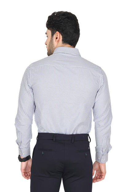 Men's formal checked shirt in a blue and white pattern with a spread collar and long sleeves. The shirt features a regular fit and durable buttons on the front.