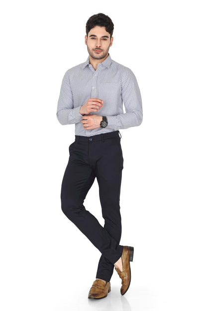 Men's formal checked shirt in a blue and white pattern with a spread collar and long sleeves. The shirt features a regular fit and durable buttons on the front.