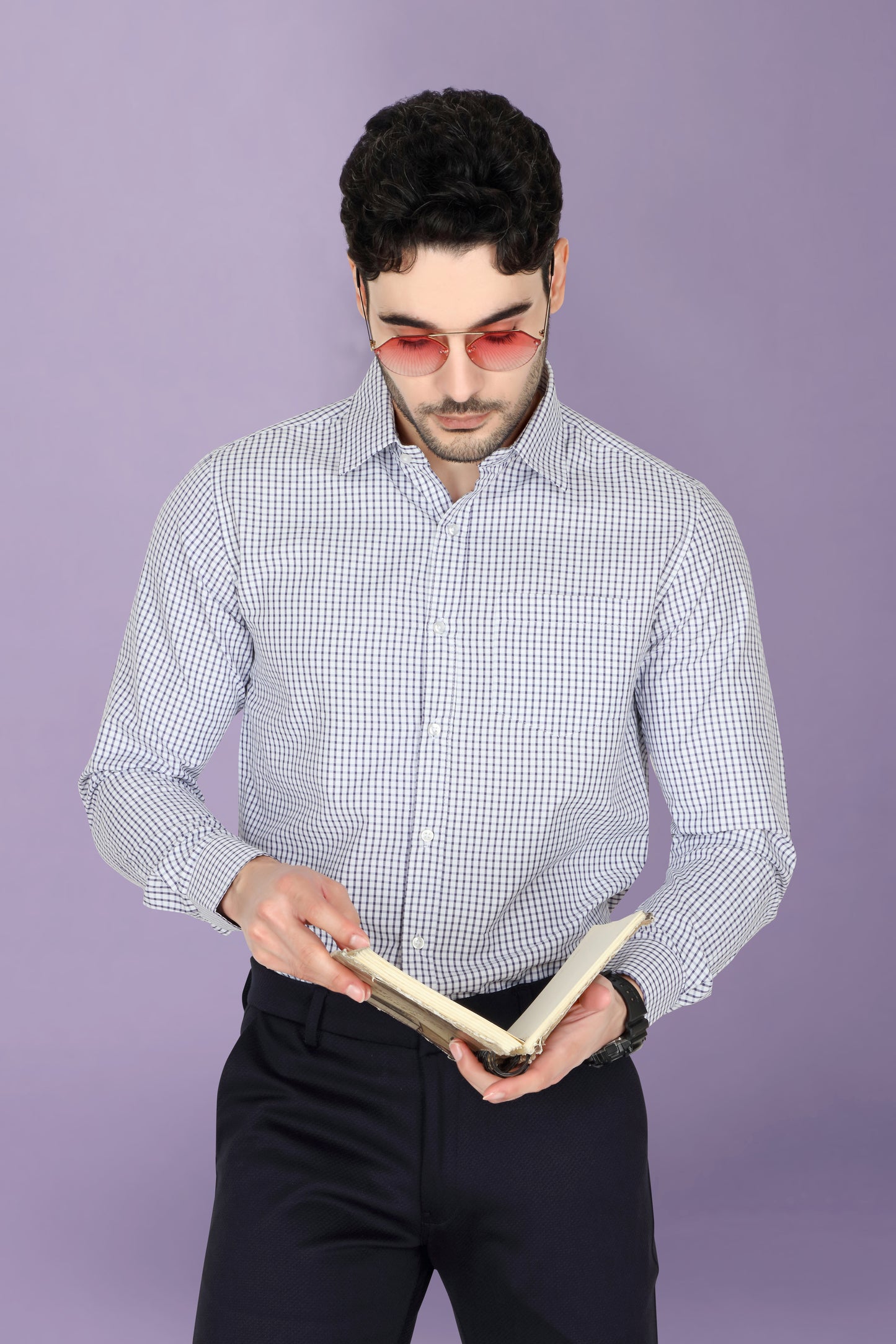 Men's formal checked shirt in a blue and white pattern with a spread collar and long sleeves. The shirt features a regular fit and durable buttons on the front.
