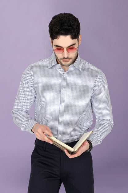 Men's formal checked shirt in a blue and white pattern with a spread collar and long sleeves. The shirt features a regular fit and durable buttons on the front.