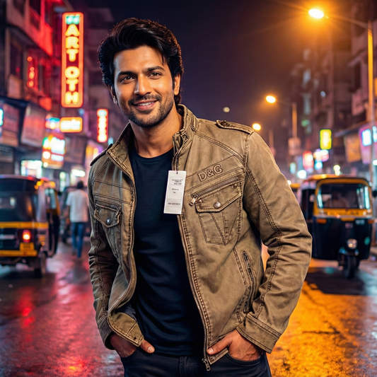 Man in a brown jacket standing on a busy street at night with neon signs in the background