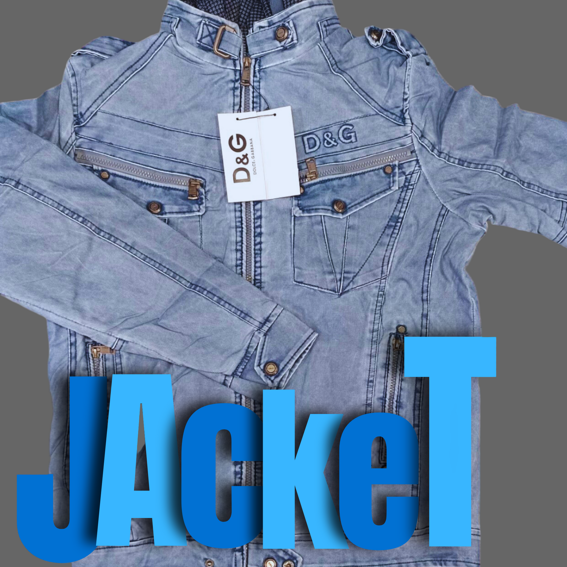Blue denim jacket with D&G tag on a wooden surface
