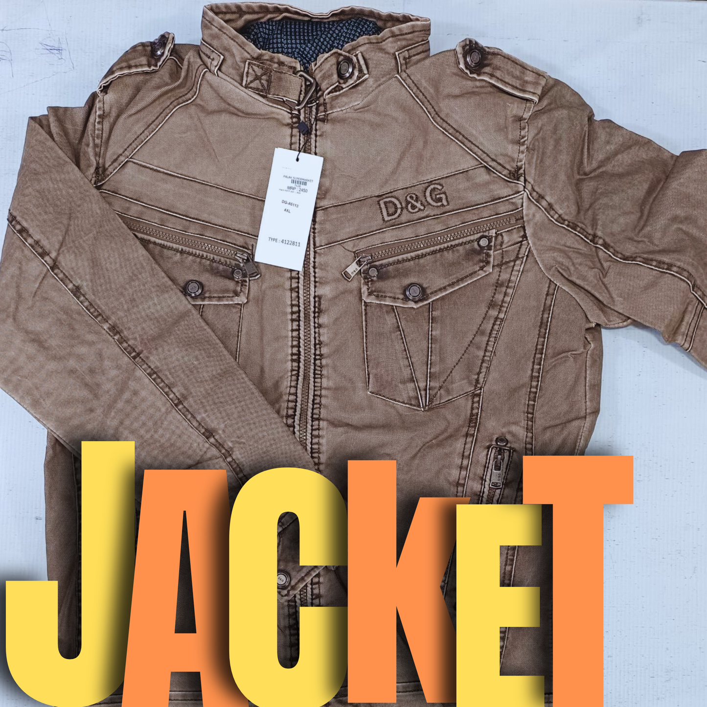 Brown jacket with a tag on a light blue background, featuring the brand 'D&G'.