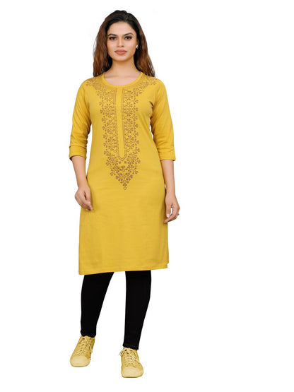 Women's yellow cotton kurti with a regular fit, three-quarter sleeves, and a round neck, perfect for daily wear or pooja.