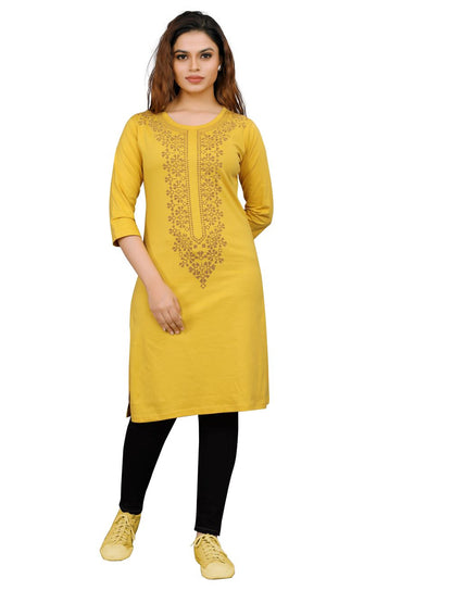 Stylish LP Creation kurti for women, featuring a vibrant yellow hosiery fabric and a traditional ethnic print on the neck band. 