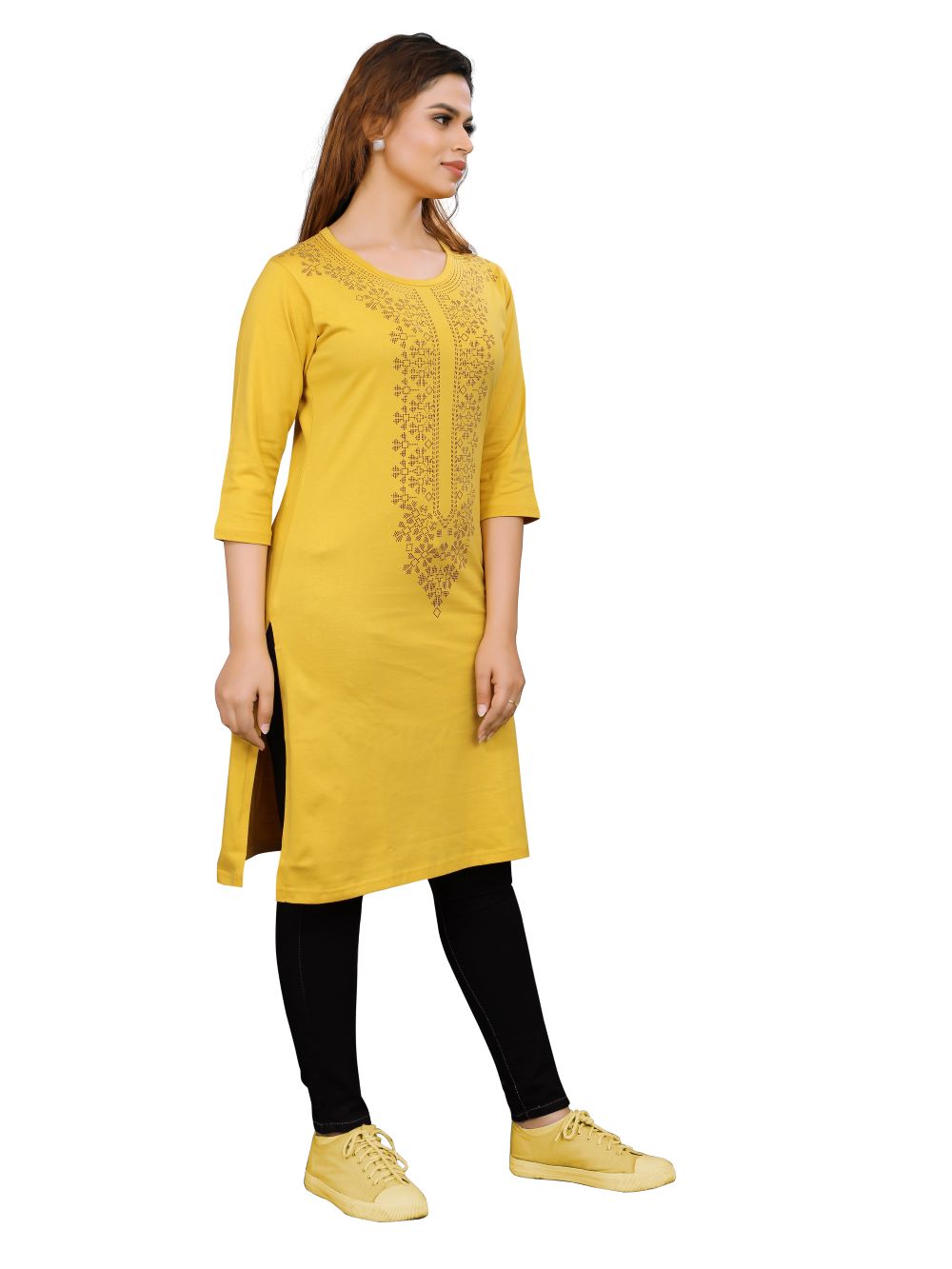 Stylish LP Creation kurti for women, featuring a vibrant yellow hosiery fabric and a traditional ethnic print on the neck band. 