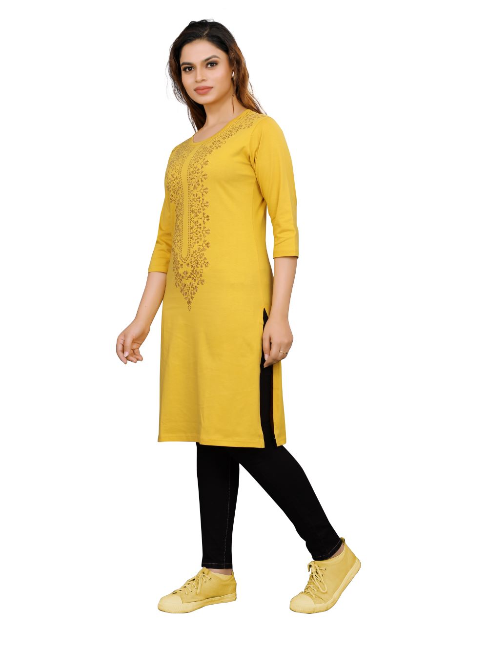 LP Creation Women's Yellow Hosiery Kurti with ethnic print on a white background. 