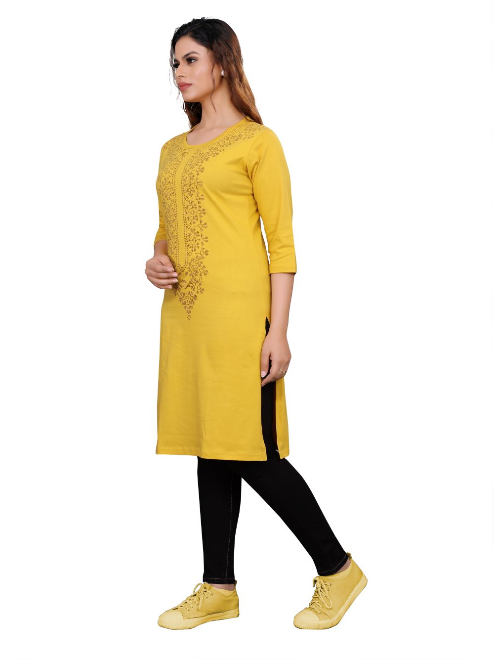 LP Creation Women's Yellow Hosiery Kurti with ethnic print on a white background. 