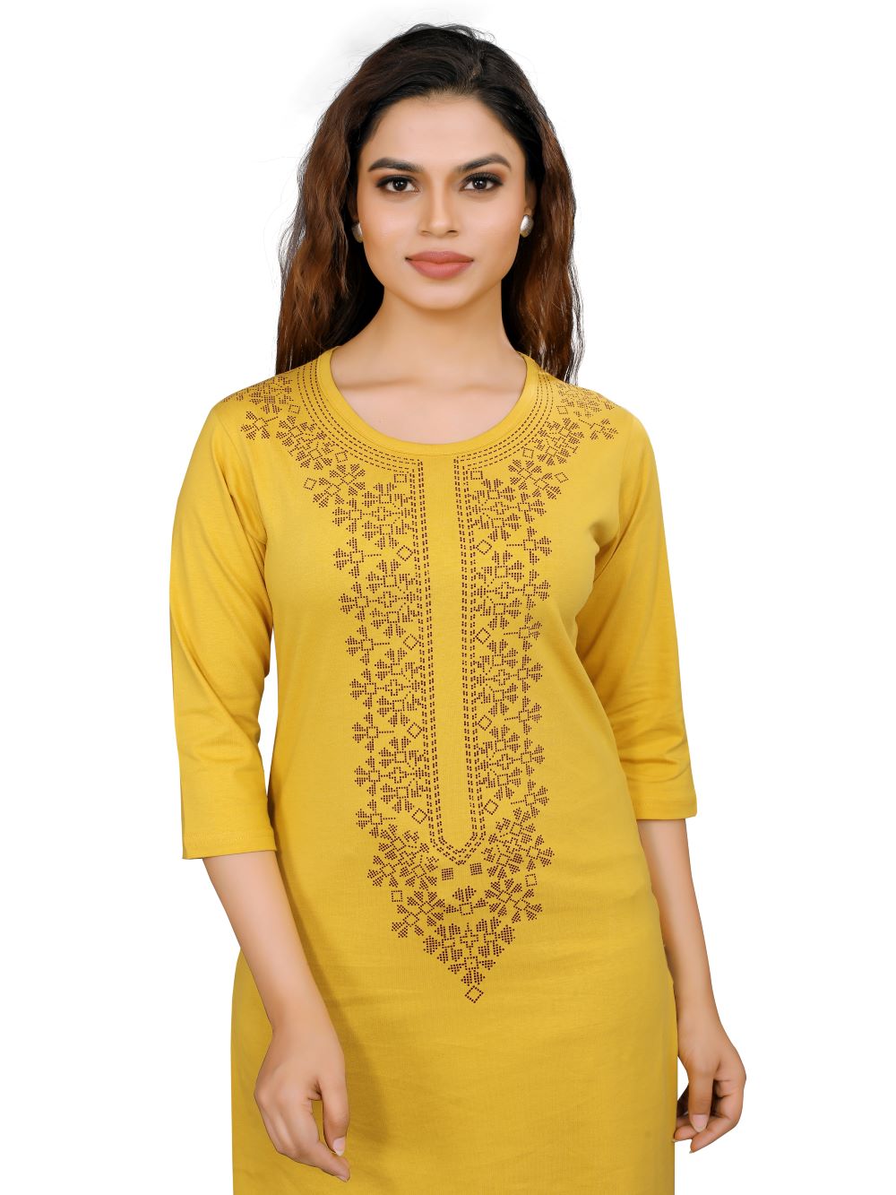 LP Creation Women's Yellow Hosiery Kurti with ethnic print on a white background. 
