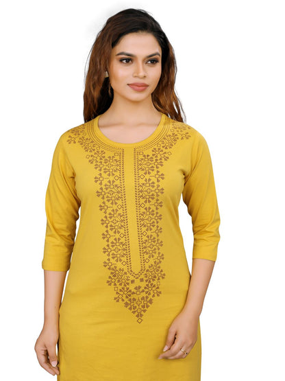 LP Creation Women's Yellow Hosiery Kurti with ethnic print on a white background. 