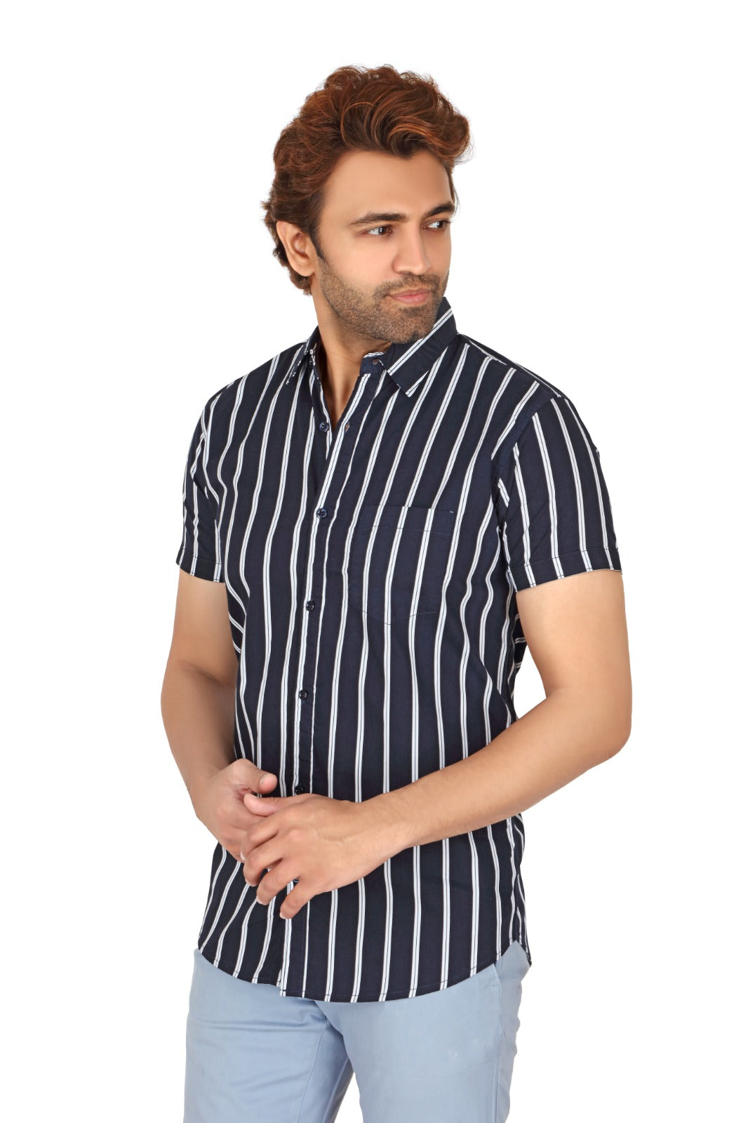 Men's casual striped half sleeve shirt with a spread collar and single chest pocket