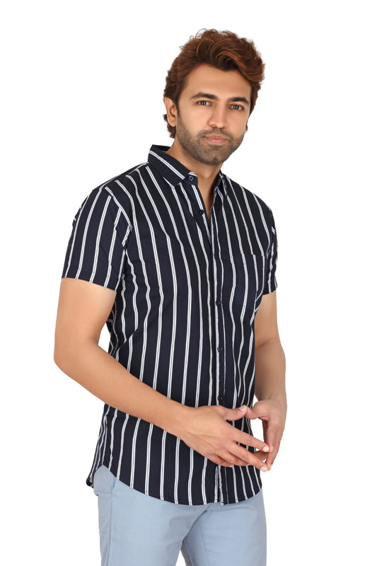 Men's Navy Blue Cotton Striped Half Sleeve Shirt