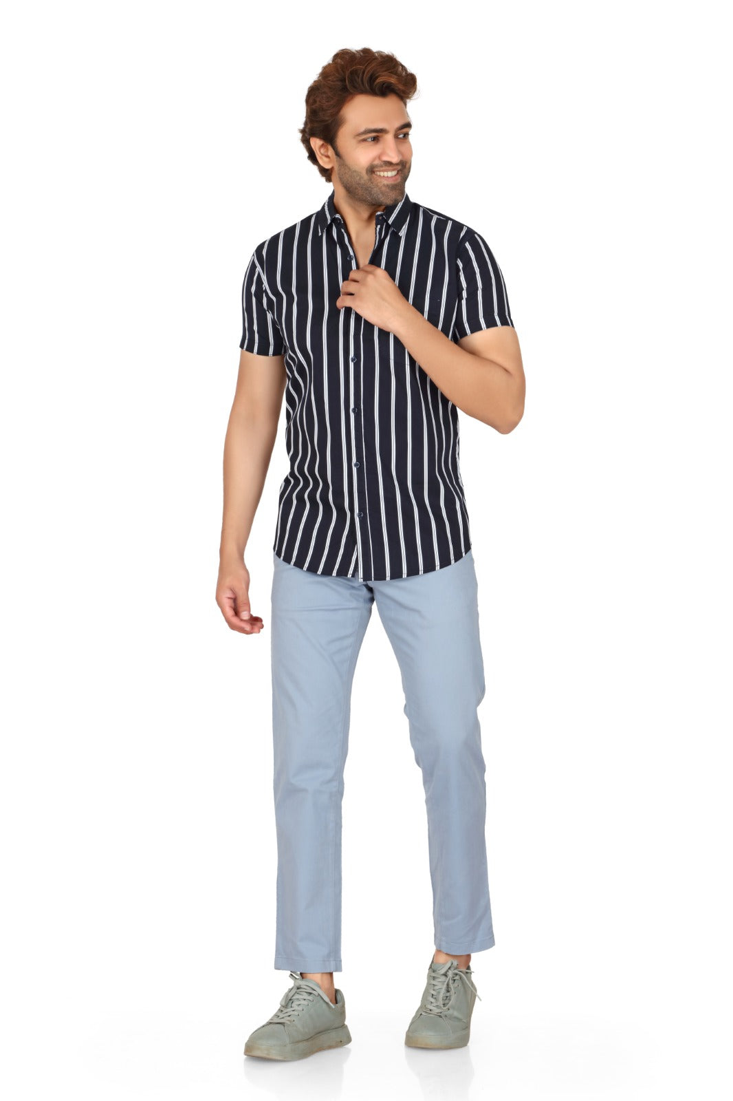Men's Navy Blue Cotton Striped Half Sleeve Shirt