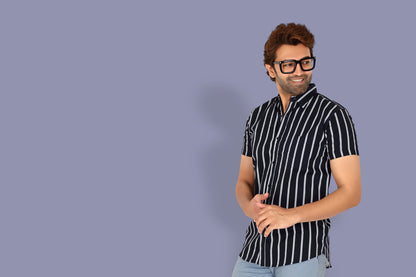 Men's Navy Blue Cotton Striped Half Sleeve Shirt