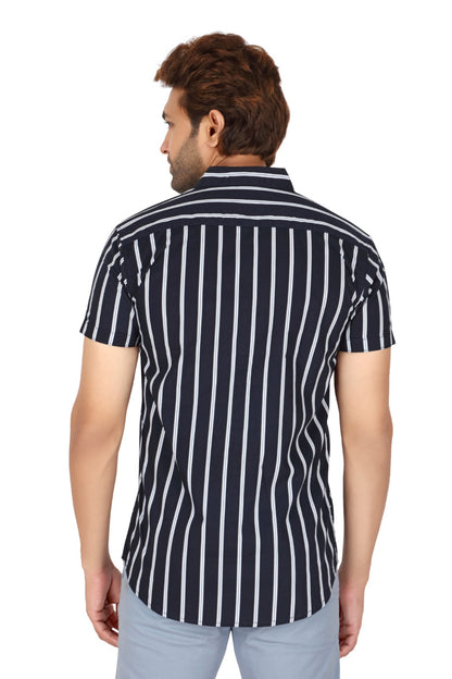 Men's Navy Blue Cotton Striped Half Sleeve Shirt