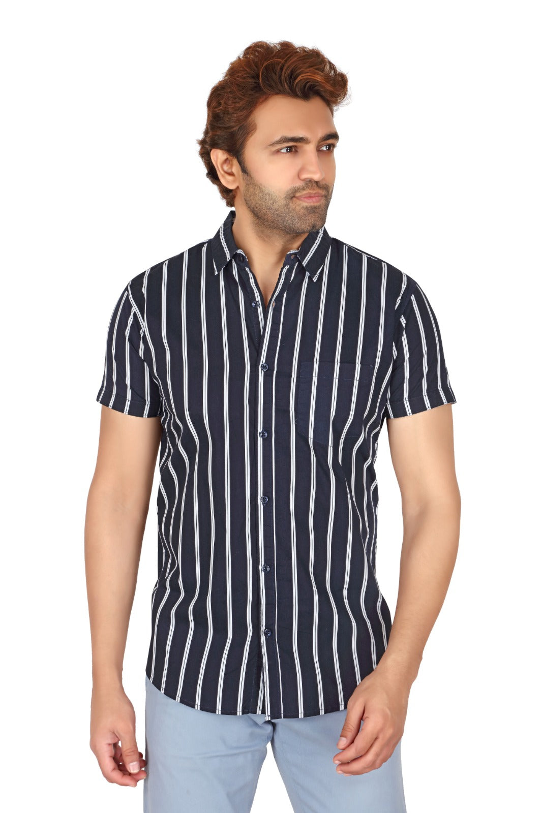 Men's Navy Blue Cotton Striped Half Sleeve Shirt