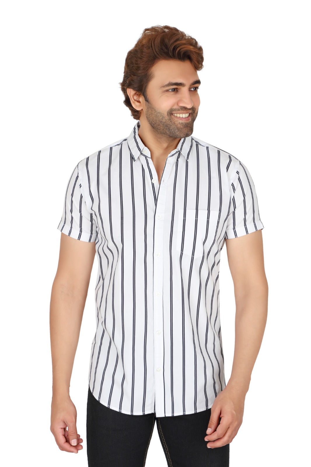 Men's White Cotton Striped Half Sleeve Shirt