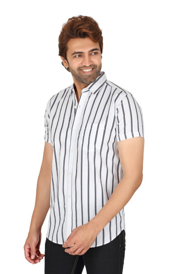 Men's White Cotton Striped Half Sleeve Shirt