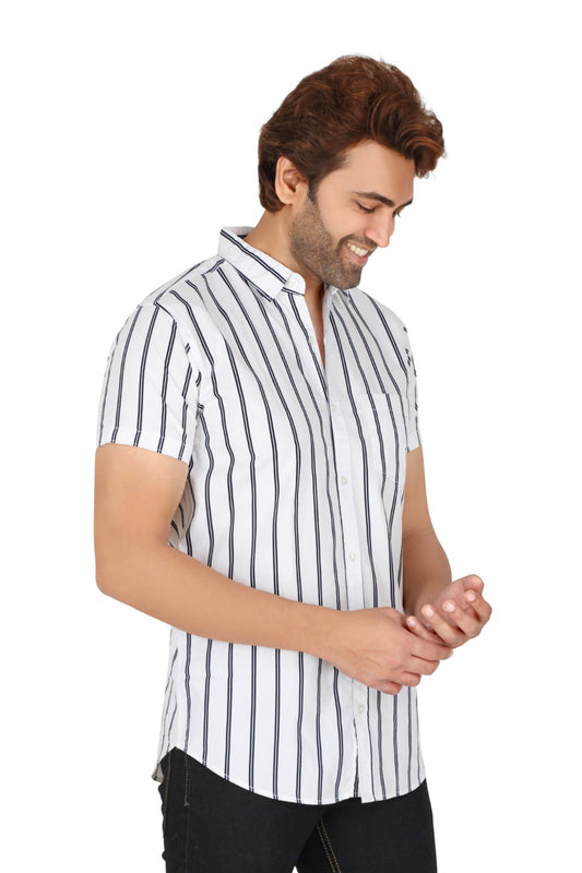 Men's White Cotton Striped Half Sleeve Shirt