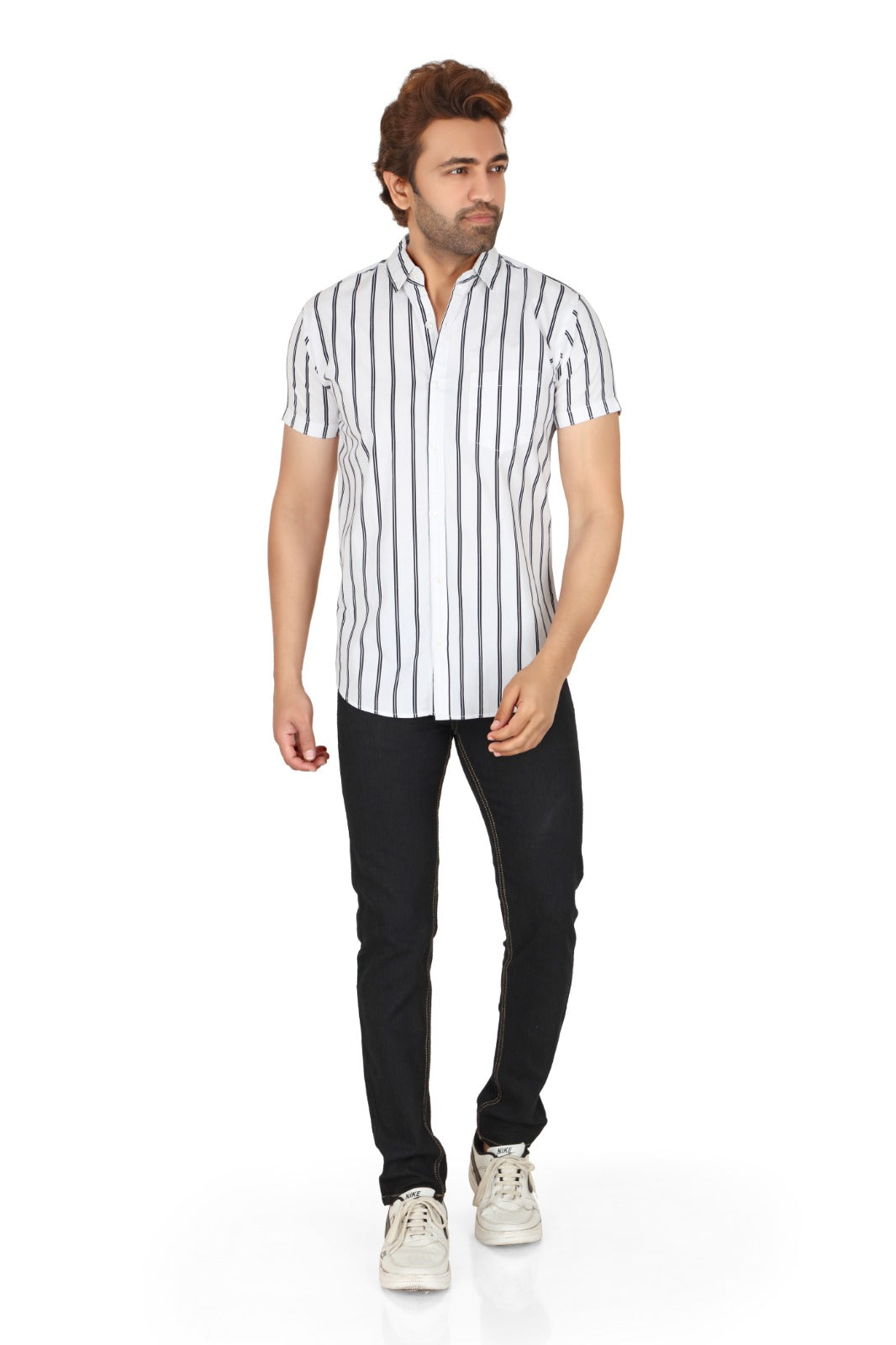 Men's White Cotton Striped Half Sleeve Shirt